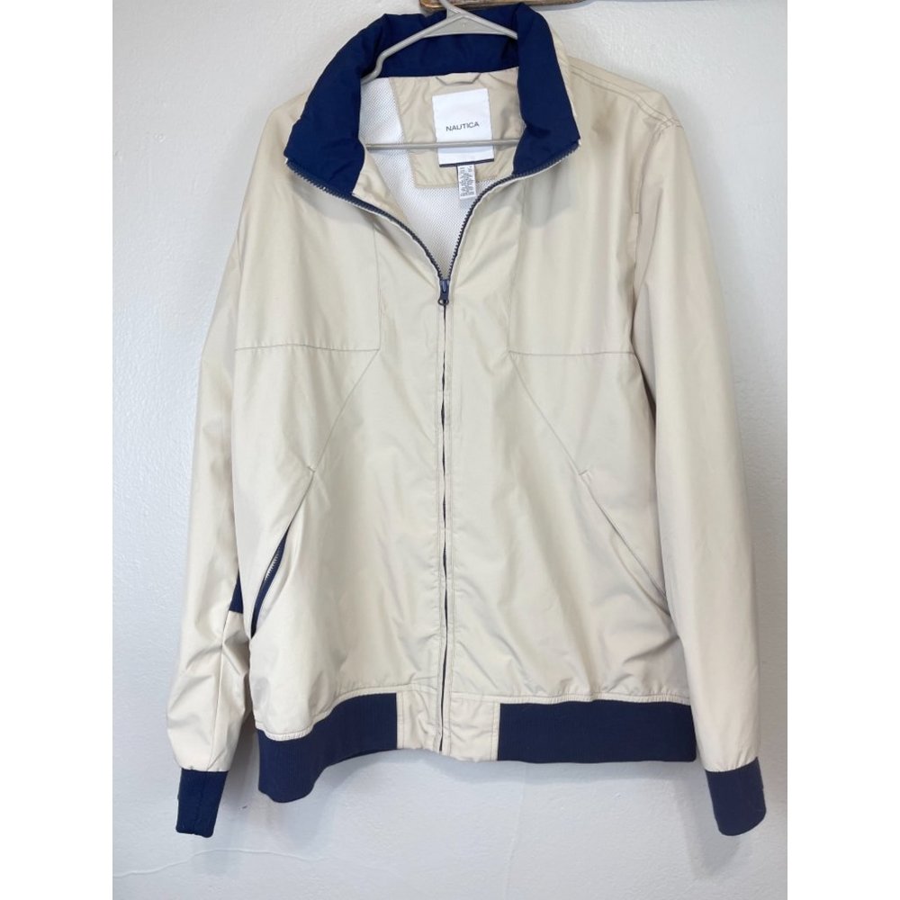 Men's Nautica Large Windbreaker Full Zip Jacket Beige Blue Collared LS Mesh